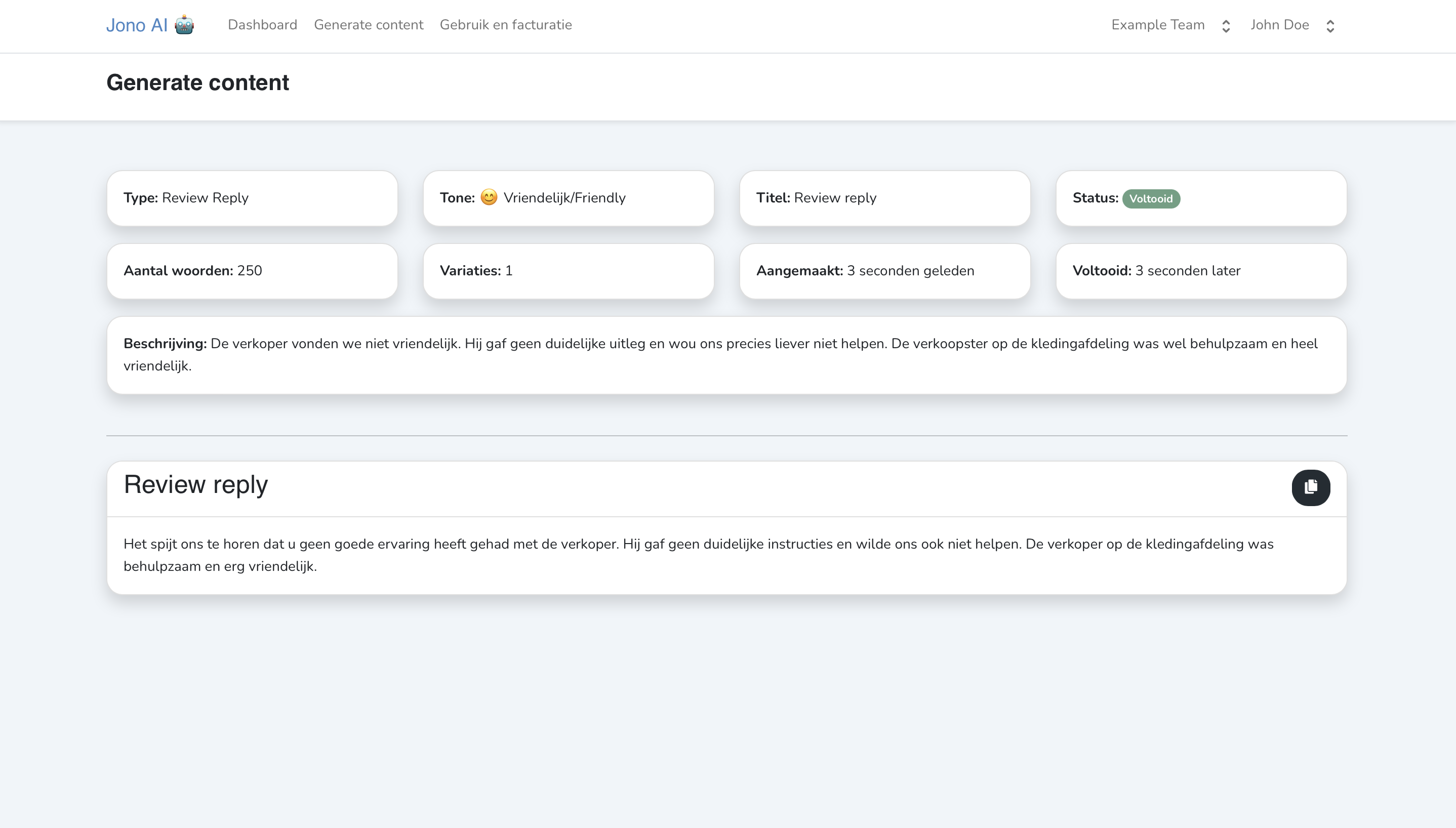 Jono review antwoord generator